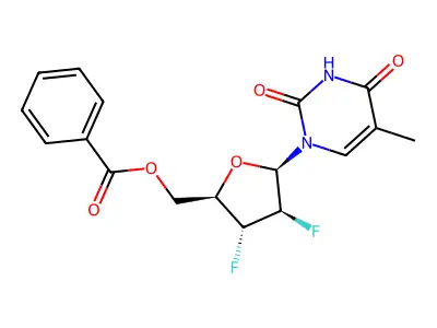 1-(5-O-Benzoyl-2,3-dideoxy-2,3-difluoro-beta-D-arabinofuranosyl)thymine structure