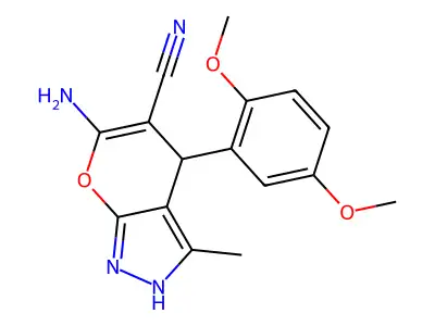 6-amino-4-(2,5-dimethoxyphenyl)-3-methyl-1,4-dihydropyrano[2,3-c]pyrazole-5-carbonitrile structure