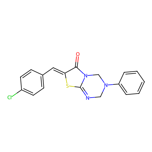 (7Z)-7-(4-chlorobenzylidene)-3-phenyl-3,4-dihydro-2H-[1,3]thiazolo[3,2-a][1,3,5]triazin-6(7H)-one structure