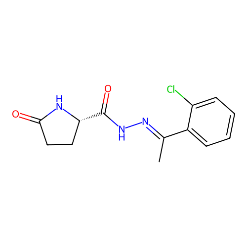 L-Proline, 5-oxo-, (1-(2-chlorophenyl)ethylidene)hydrazide, hydrate, (E)- structure