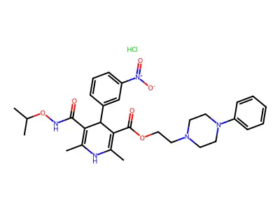 3-Pyridinecarboxylic acid, 1,4-dihydro-2,6-dimethyl-5-(((1-methylethoxy)amino)carbonyl)-4-(3-nitrophenyl)-, 2-(4-phenyl-1-piperazinyl)ethyl ester, monohydrochloride structure
