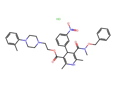 3-Pyridinecarboxylic acid, 1,4-dihydro-2,6-dimethyl-5-((methyl(phenylmethoxy)amino)carbonyl)-4-(3-nitrophenyl)-, 2-(4-(2-methylphenyl)-1-piperazinyl)ethyl ester, monohydrochloride structure