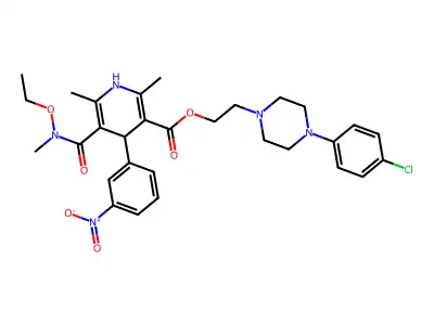 3-Pyridinecarboxylic acid, 1,4-dihydro-2,6-dimethyl-5-((ethoxymethylamino)carbonyl)-4-(3-nitrophenyl)-, 2-(4-(4-chlorophenyl)-1-piperazinyl)ethyl ester structure