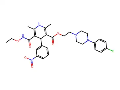 3-Pyridinecarboxylic acid, 1,4-dihydro-2,6-dimethyl-5-((ethoxyamino)carbonyl)-4-(3-nitrophenyl)-, 2-(4-(4-chlorophenyl)-1-piperazinyl)ethyl ester structure