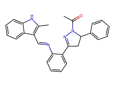 1H-Pyrazole, 1-acetyl-4,5-dihydro-3-(2-(((2-(4-methyl-1H-indol-3-yl)methylene)amino)phenyl)-5-phenyl- structure