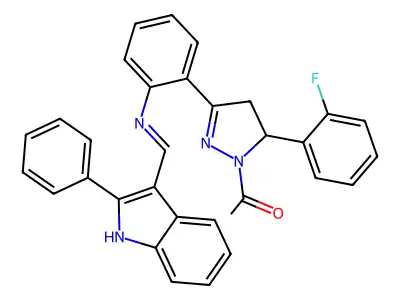 1H-Pyrazole, 1-acetyl-5-(2-fluorophenyl)-4,5-dihydro-3-(2-(((2-phenyl-1H-indol-3-yl)methylene)amino)phenyl)- structure