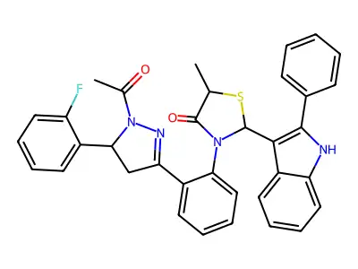 1H-Pyrazole, 1-acetyl-5-(2-fluorophenyl)-4,5-dihydro-3-(2-(5-methyl-4-oxo-2-(2-phenyl-1H-indol-3-yl)-3-thiazolidinyl)phenyl)- structure