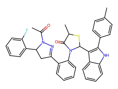 1H-Pyrazole, 1-acetyl-5-(2-fluorophenyl)-4,5-dihydro-3-(2-(5-methyl-2-(2-(4-methylphenyl)-1H-indol-3-yl)-4-oxo-3-thiazolidinyl)phenyl)- structure