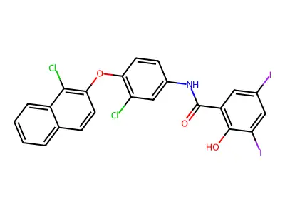 N-[3-chloro-4-(1-chloronaphthalen-2-yl)oxyphenyl]-2-hydroxy-3,5-diiodobenzamide structure