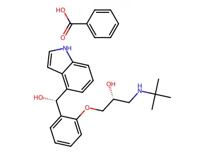 1H-Indole-4-methanol, alpha-(2-(3-((1,1-dimethylethyl)amino)-2-hydroxypropoxy)phenyl)-, (R*,R*)-, monobenzoate (salt) structure