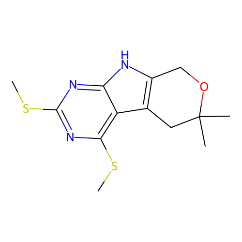 6,6-dimethyl-2,4-bis(methylsulfanyl)-5,6,8,9-tetrahydropyrano[4',3':4,5]pyrrolo[2,3-d]pyrimidine structure