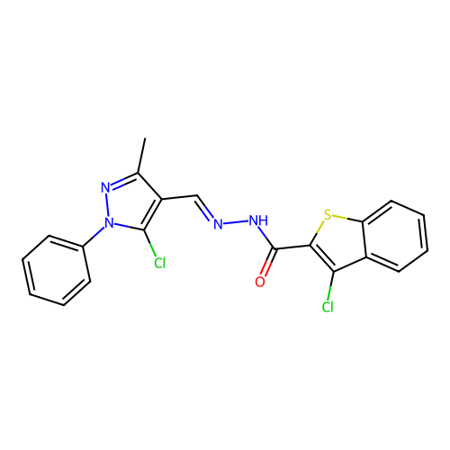 3-chloro-N'-[(E)-(5-chloro-3-methyl-1-phenyl-1H-pyrazol-4-yl)methylidene]-1-benzothiophene-2-carbohydrazide structure