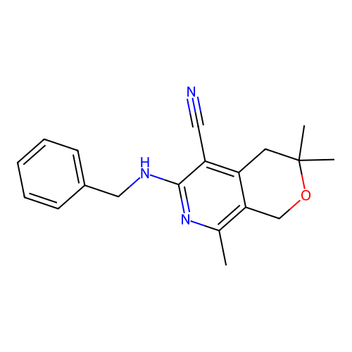 6-(Benzylamino)-3,3,8-trimethyl-3,4-dihydro-1H-pyrano[3,4-c]pyridine-5-carbonitrile structure