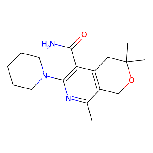 3,3,8-trimethyl-6-(piperidin-1-yl)-3,4-dihydro-1H-pyrano[3,4-c]pyridine-5-carboxamide structure