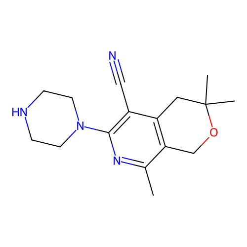 3,3,8-trimethyl-6-(piperazin-1-yl)-3,4-dihydro-1H-pyrano[3,4-c]pyridine-5-carbonitrile structure