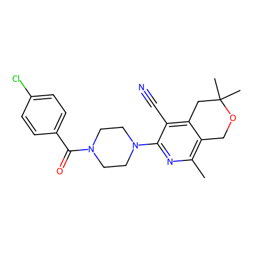 6-(4-(4-chlorobenzoyl)piperazin-1-yl)-3,3,8-trimethyl-3,4-dihydro-1H-pyrano[3,4-c]pyridine-5-carbonitrile structure