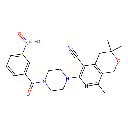 3,3,8-trimethyl-6-(4-(3-nitrobenzoyl)piperazin-1-yl)-3,4-dihydro-1H-pyrano[3,4-c]pyridine-5-carbonitrile structure