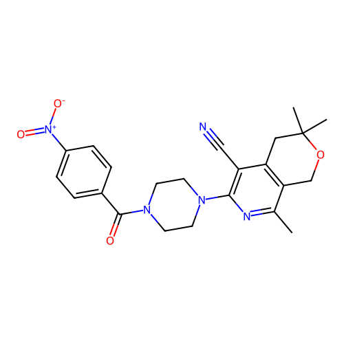 3,3,8-trimethyl-6-(4-(4-nitrobenzoyl)piperazin-1-yl)-3,4-dihydro-1H-pyrano[3,4-c]pyridine-5-carbonitrile structure