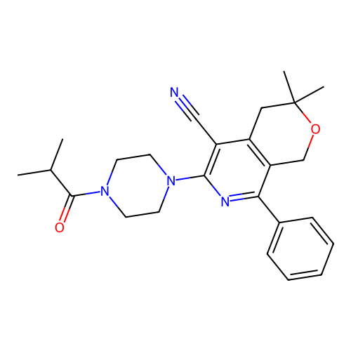 3,3-dimethyl-6-[4-(2-methylpropanoyl)piperazin-1-yl]-8-phenyl-1,4-dihydropyrano[3,4-c]pyridine-5-carbonitrile structure