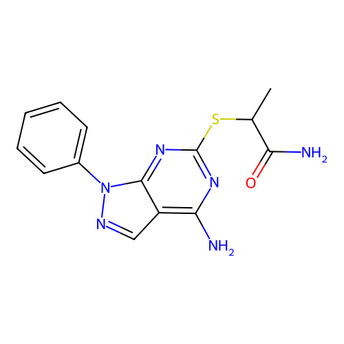 Propanamide, 2-((4-amino-1-phenyl-1H-pyrazolo(3,4-d)pyrimidin-6-yl)thio)- structure