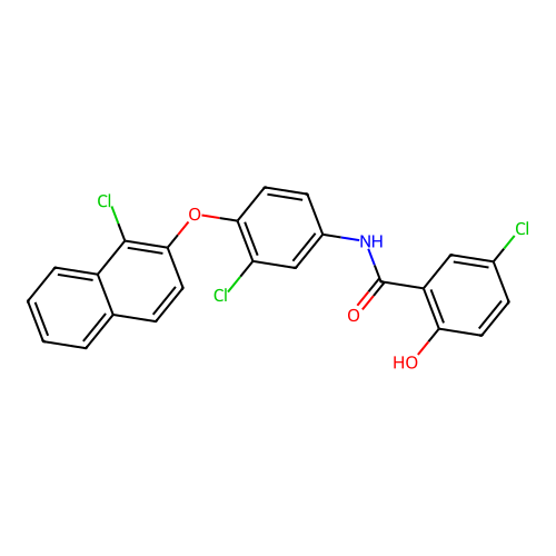 5-chloro-N-(3-chloro-4-((1-chloronaphthalen-2-yl)oxy)phenyl)-2-hydroxybenzamide structure