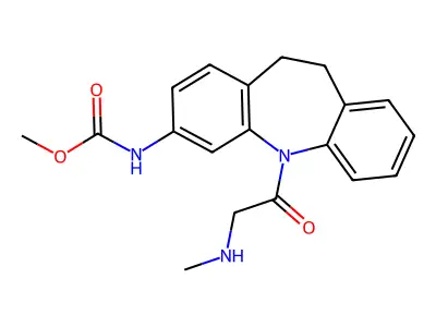 Carbamic acid, (10,11-dihydro-5-((methylamino)acetyl)-5H-dibenz(b,f)azepin-3-yl)-, methyl ester structure