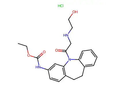 Carbamic acid, (10,11-dihydro-5-(((2-hydroxyethyl)amino)acetyl)-5H-dibenz(b,f)azepin-3-yl)-, ethyl ester, monohydrochloride structure