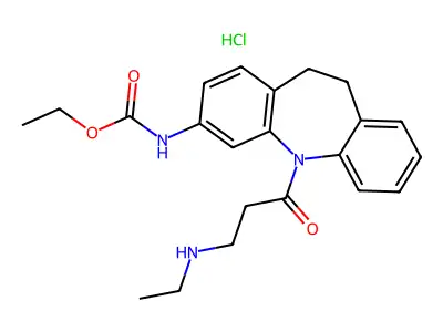 Carbamic acid, (5-(3-(ethylamino)-1-oxopropyl)-10,11-dihydro-5H-dibenz(b,f)azepin-3-yl)-, ethyl ester, monohydrochloride structure