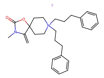 1-Oxa-3-aza-8-azoniaspiro(4.5)decane, 3-methyl-4-methylene-2-oxo-8,8-bis(3-phenylpropyl)-, iodide structure