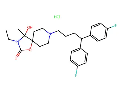 1-Oxa-3,8-diazaspiro(4.5)decan-2-one, 8-(4,4-bis(4-fluorophenyl)butyl)-3-ethyl-4-hydroxy-4-methyl-, monohydrochloride structure