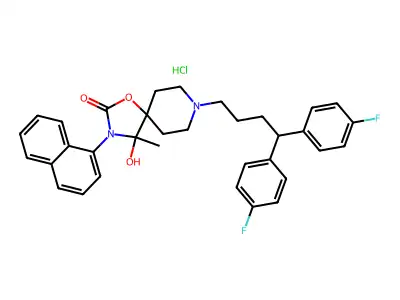 1-Oxa-3,8-diazaspiro(4.5)decan-2-one, 8-(4,4-bis(4-fluorophenyl)butyl)-4-hydroxy-4-methyl-3-(1-naphthalenyl)-, monohydrochloride structure