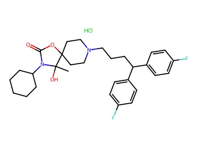 1-Oxa-3,8-diazaspiro(4.5)decan-2-one, 8-(4,4-bis(4-fluorophenyl)butyl)-3-cyclohexyl-4-hydroxy-4-methyl-, monohydrochloride structure