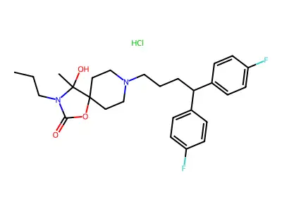 1-Oxa-3,8-diazaspiro(4.5)decan-2-one, 8-(4,4-bis(4-fluorophenyl)butyl)-4-hydroxy-4-methyl-3-propyl-, monohydrochloride structure