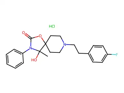 1-Oxa-3,8-diazaspiro(4.5)decan-2-one, 8-(2-(4-fluorophenyl)ethyl)-4-hydroxy-4-methyl-3-phenyl-, monohydrochloride structure
