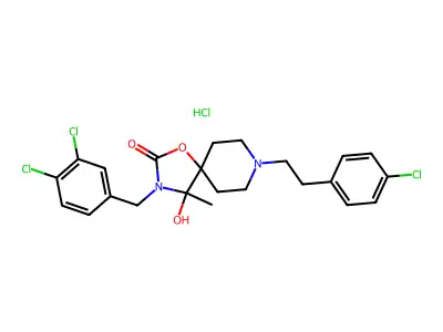 1-Oxa-3,8-diazaspiro(4.5)decan-2-one, 8-(2-(4-chlorophenyl)ethyl)-3-((3,4- dichlorophenyl)methyl)-4-hydroxy-4-methyl-, monohydrochloride structure