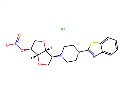L-Iditol, 1,4:3,6-dianhydro-2-(4-(2-benzothiazolyl)-1-piperazinyl)-2-deoxy-, 5-nitrate, hydrochloride structure