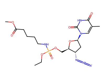 3'-Azido-3'-deoxythymidine-5'-(ethyl methoxy-5-aminovaleryl)phosphoramidate structure
