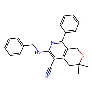 6-(benzylamino)-3,3-dimethyl-8-phenyl-3,4-dihydro-1H-pyrano[3,4-c]pyridine-5-carbonitrile structure