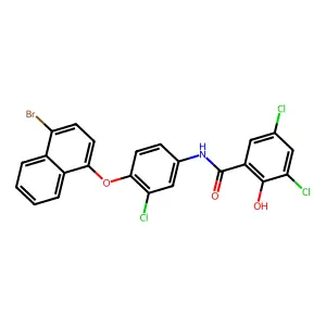 N-[4-(4-bromonaphthalen-1-yl)oxy-3-chlorophenyl]-3,5-dichloro-2-hydroxybenzamide structure