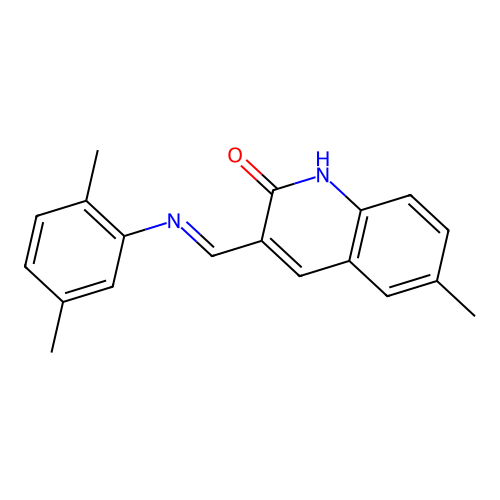 (E)-3-(((2,5-dimethylphenyl)imino)methyl)-6-methylquinolin-2-ol structure
