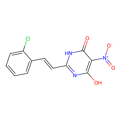 2-[(1E)-2-(2-chlorophenyl)vinyl]-5-nitropyrimidine-4,6-diol structure