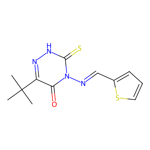 6-tert-butyl-3-sulfanylidene-4-[(E)-thiophen-2-ylmethylideneamino]-2H-1,2,4-triazin-5-one structure
