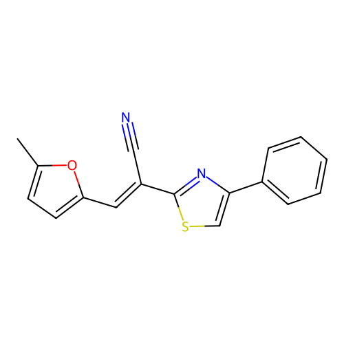 (2E)-3-(5-methylfuran-2-yl)-2-(4-phenyl-1,3-thiazol-2-yl)prop-2-enenitrile structure