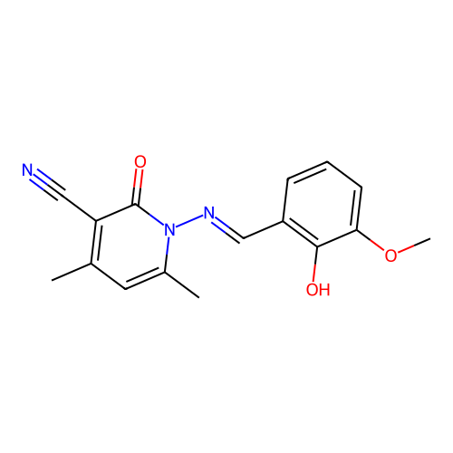 1-[(2-hydroxy-3-methoxybenzylidene)amino]-4,6-dimethyl-2-oxo-1,2-dihydro-3-pyridinecarbonitrile structure