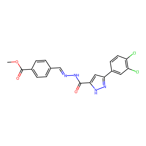 (E)-methyl 4-((2-(3-(3,4-dichlorophenyl)-1H-pyrazole-5-carbonyl)hydrazono)methyl)benzoate structure
