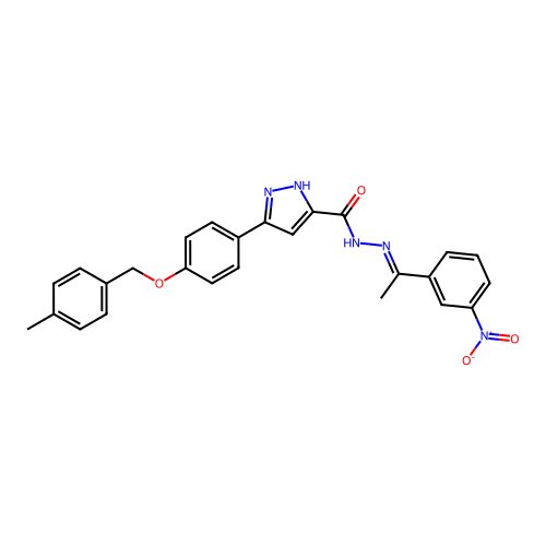 (E)-3-(4-((4-methylbenzyl)oxy)phenyl)-N'-(1-(3-nitrophenyl)ethylidene)-1H-pyrazole-5-carbohydrazide structure