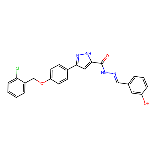 (E)-3-(4-((2-chlorobenzyl)oxy)phenyl)-N'-(3-hydroxybenzylidene)-1H-pyrazole-5-carbohydrazide structure