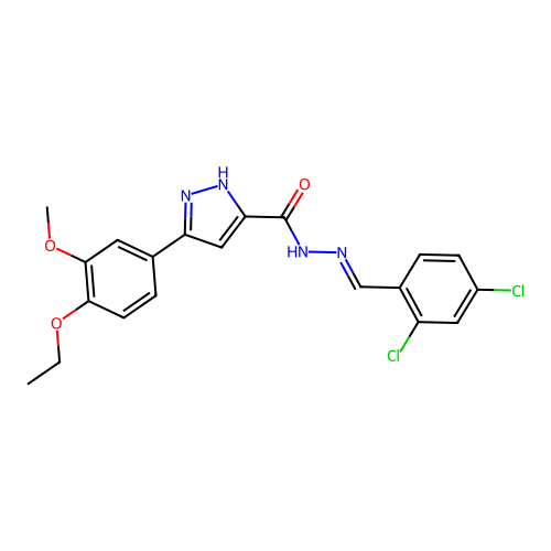 (E)-N'-(2,4-dichlorobenzylidene)-3-(4-ethoxy-3-methoxyphenyl)-1H-pyrazole-5-carbohydrazide structure