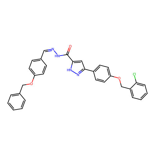3-[4-[(2-chlorophenyl)methoxy]phenyl]-N-[(Z)-(4-phenylmethoxyphenyl)methylideneamino]-1H-pyrazole-5-carboxamide structure
