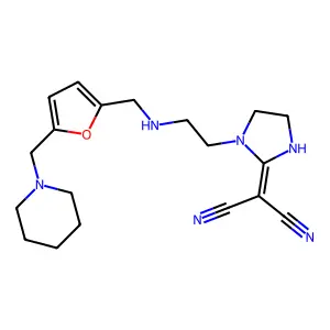 Propanedinitrile, 2-[1-[2-[[[5-(1-piperidinylmethyl)-2-furanyl]methyl]amino]ethyl]-2-imidazolidinylidene]- structure